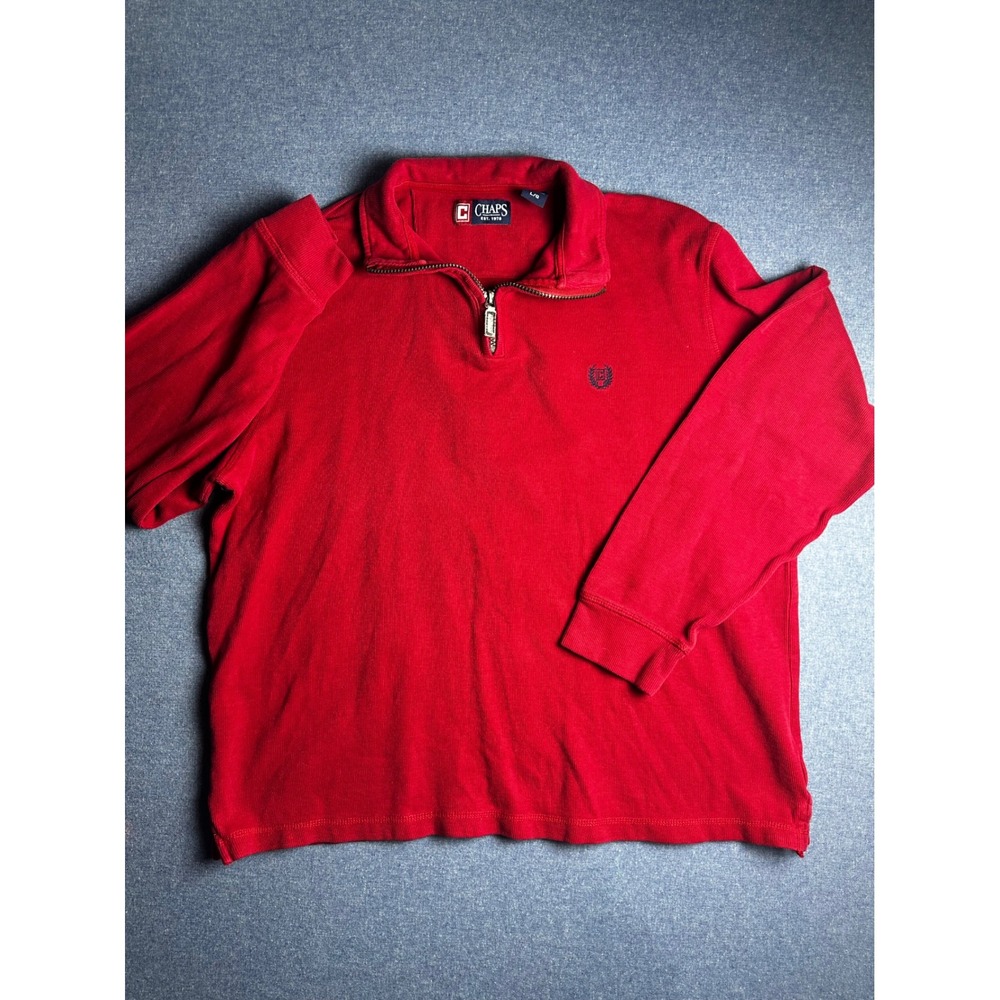 Chaps Mens Red Ribbed Cotton Quarter Zip Pullover Sweater Large Crest Logo